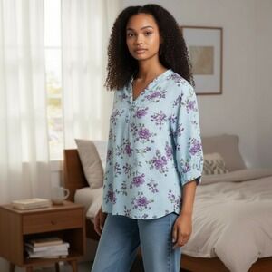 Woman Within Floral Tunic Top Blue Purple Green 1X